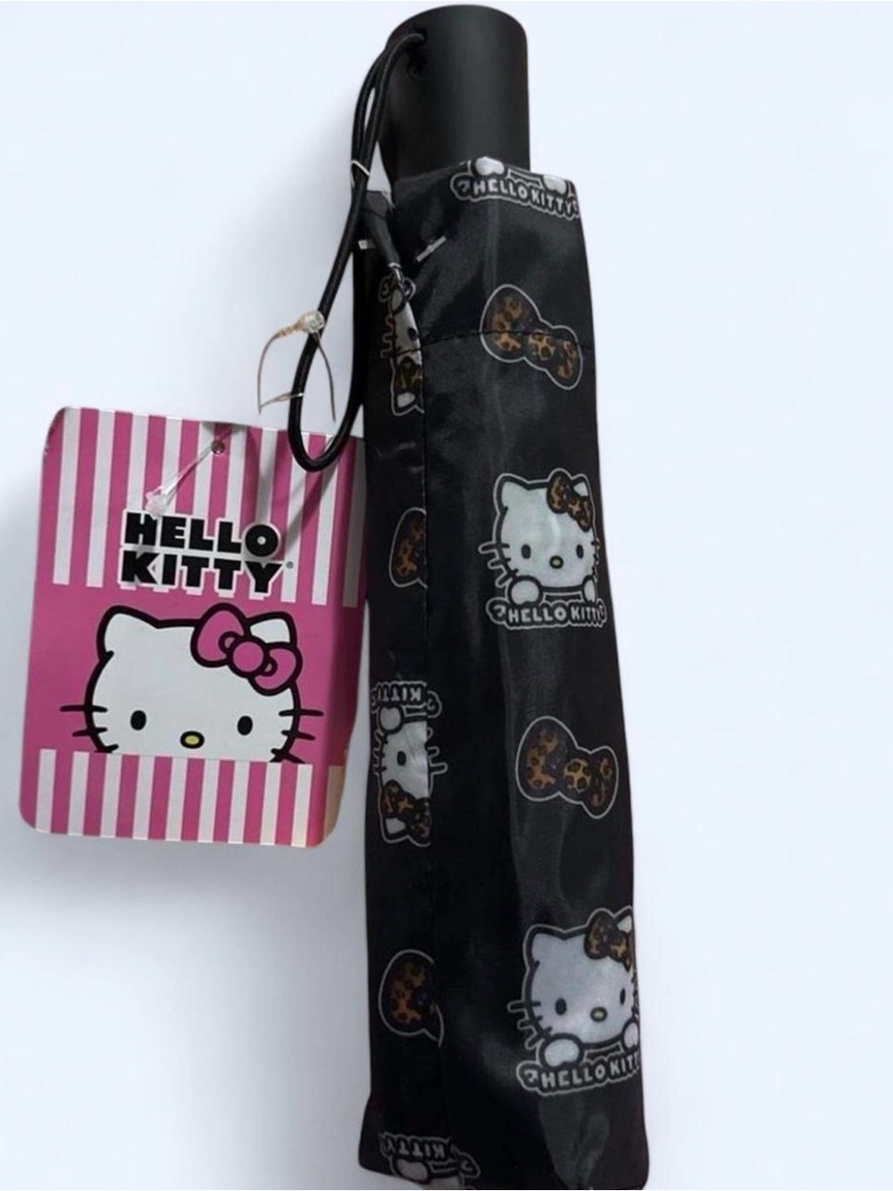 Hello Kitty Black Umbrella with White Character Print and Pink Tag